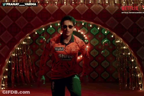 A Man In A Red Shirt With The Word Shree Cement On It GIF