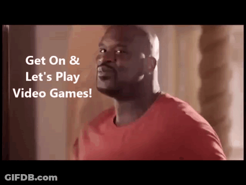 A Man In A Red Shirt With The Words Get On & Let 'S Play Video Games GIF