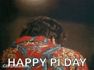 A Man In A Red Shirt With The Words Happy Pi Day On His Back GIF