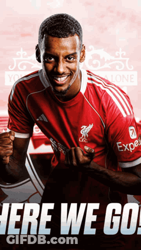 A Man In A Red Shirt With The Words Here We Go GIF