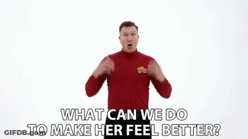 A Man In A Red Shirt With The Words What Can We Do To Make Her Feel Better On The Bottom GIF