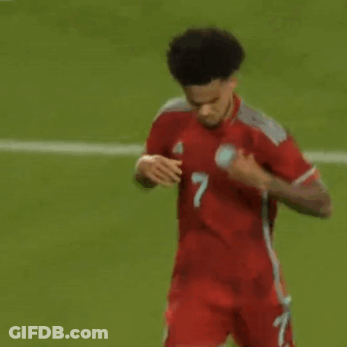 A Man In A Red Soccer Jersey With The Number 7 On It Is Standing On A Field . GIF