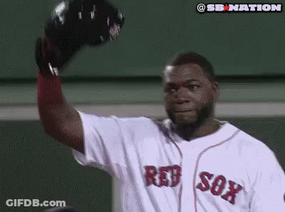 A Man In A Red Sox Jersey Is Waving His Glove In The Air GIF