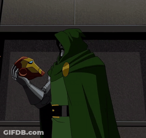 A Man In A Red Suit And A Man In A Green Cape Standing Next To Each Other GIF