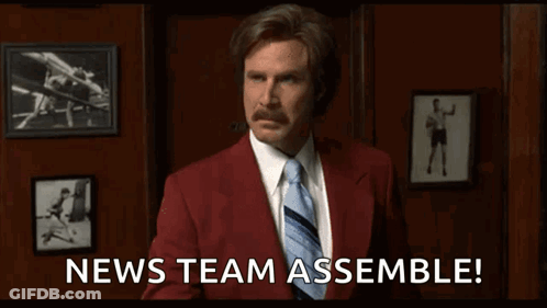 A Man In A Red Suit And Tie Is Giving A Thumbs Up And Says News Team Assemble GIF