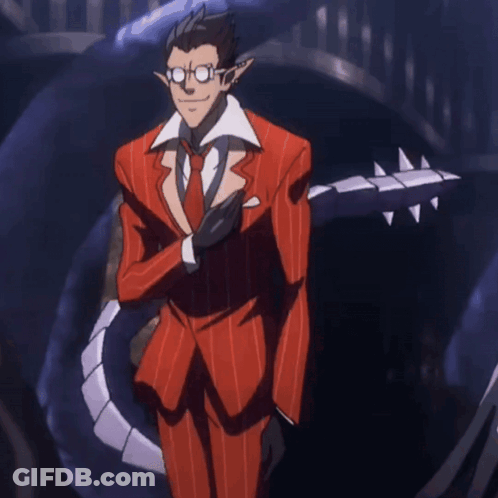 A Man In A Red Suit And Tie Is Standing In Front Of A Snake GIF