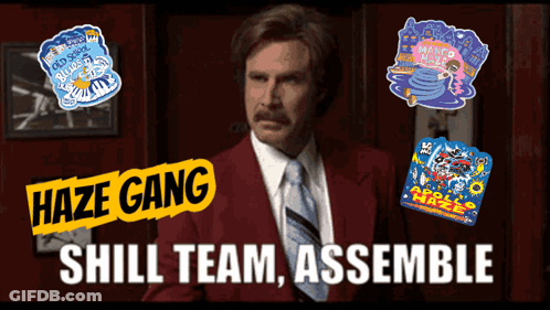 A Man In A Red Suit And Tie Is Surrounded By Stickers That Say Haze Gang GIF