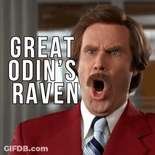 A Man In A Red Suit And Tie Says Great Odin 'S Raven In White Letters GIF