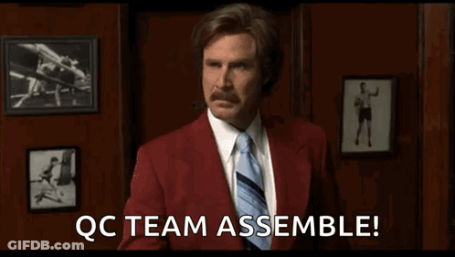 A Man In A Red Suit And Tie Says Qc Team Assemble ! GIF