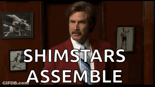 A Man In A Red Suit And Tie Says Shimstars Assemble In White Letters GIF