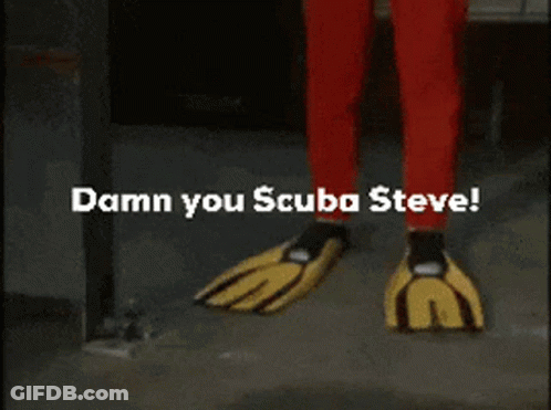 A Man In A Red Suit And Yellow Gloves Says Damn You Scuba Steve .. GIF