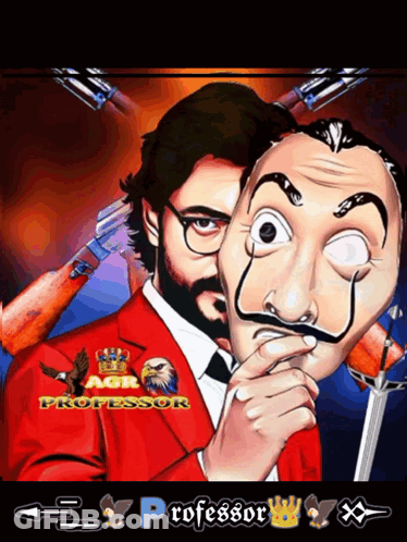 A Man In A Red Suit Is Holding A Mask With The Word Professor On The Bottom Right GIF