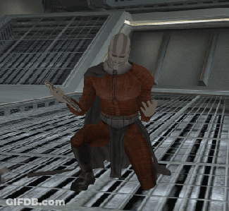 A Man In A Red Suit Is Holding A Sword In His Hand GIF
