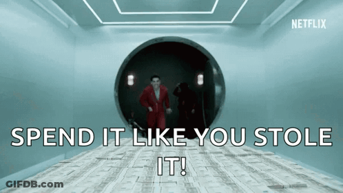 A Man In A Red Suit Is Running Through A Tunnel With The Words Spend It Like You Stole It .. GIF