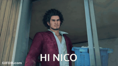 A Man In A Red Suit Is Standing In A Doorway With The Words Hi Nico Written Above Him GIF