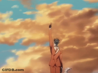 A Man In A Red Suit Is Standing In Front Of A Cloudy Sky With His Hand Up In The Air GIF