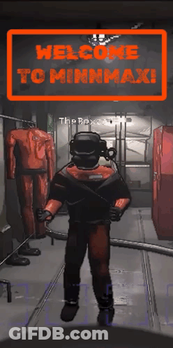 A Man In A Red Suit Is Standing In Front Of A Sign That Says " Welcome To Minmax " GIF