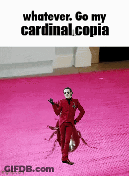 A Man In A Red Suit Is Standing On A Pink Carpet With The Words Whatever Go My Cardinal Copia GIF