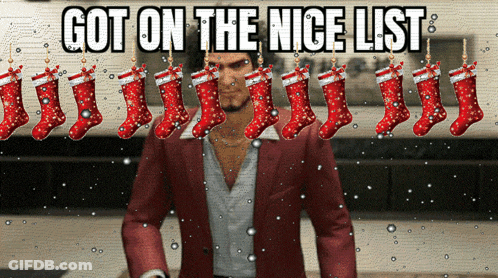 A Man In A Red Suit Is Surrounded By Christmas Stockings And The Words Got On The Nice List Above Him GIF