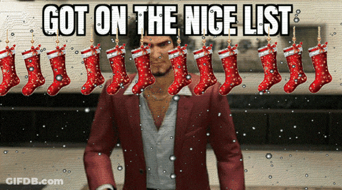 A Man In A Red Suit Is Surrounded By Christmas Stockings And The Words Got On The Nice List Above Him GIF