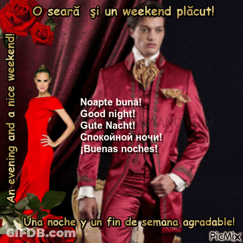 A Man In A Red Suit Stands Next To A Woman In A Red Dress And Roses GIF