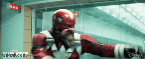 Man In Red Suit With Black Widow Text GIF