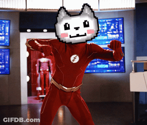 A Man In A Red Superhero Costume With A Pixelated Cat Head GIF