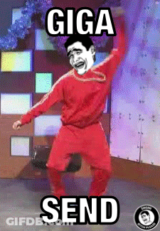 A Man In A Red Sweater Is Dancing With The Caption Giga Send GIF