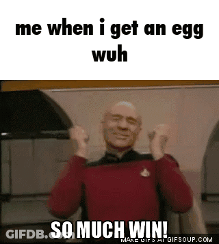 A Man In A Red Sweater Says Me When I Get An Egg Wuh So Much Win ! GIF