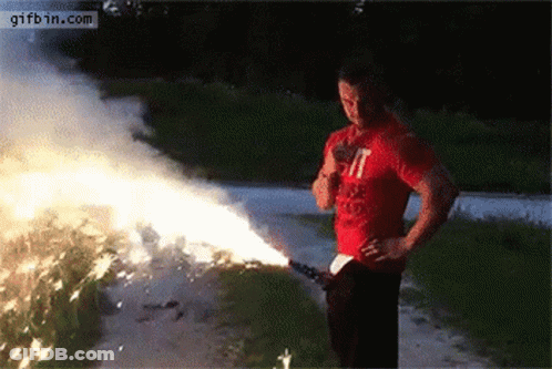 A Man In A Red T-Shirt Is Holding A Firework Display . GIF