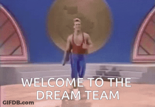A Man In A Red Tank Top Is Walking In Front Of A Sign That Says " Welcome To The Dream Team " GIF