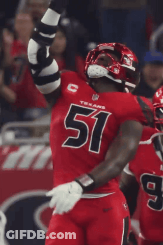 A Man In A Red Texans Jersey Holds Up His Arms GIF