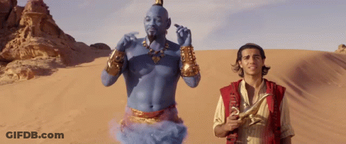 A Man In A Red Vest Is Standing Next To A Blue Genie GIF