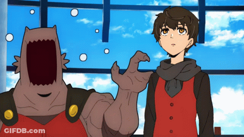 A Man In A Red Vest Is Standing Next To A Monster With A Mouth Open GIF