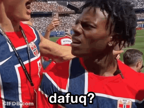 A Man In A Red White And Blue Shirt Says Dafuqq GIF
