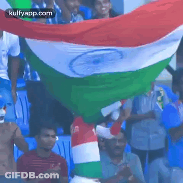 A Man In A Red , White And Green Shirt Is Holding A Flag In A Crowd Of People . GIF