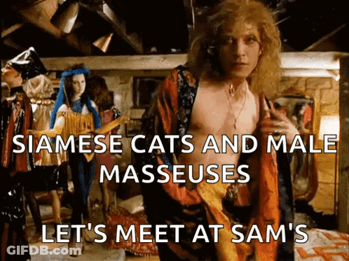 A Man In A Robe Is Standing In A Room With A Caption That Says Siamese Cats And Male Masseuses GIF