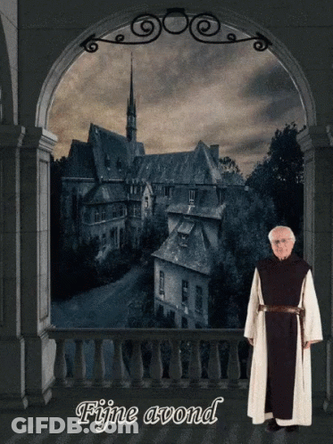 A Man In A Robe Is Standing On A Balcony With The Words Fijne Avond Written Above Him GIF