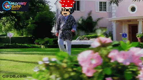 A Man In A Robe Is Walking In Front Of A Pink House With Monkey Baby Written On The Bottom Right GIF