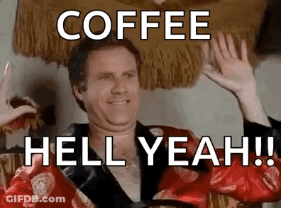 A Man In A Robe Is Waving His Hands In The Air With The Words `` Coffee Hell Yeah ! '' . GIF
