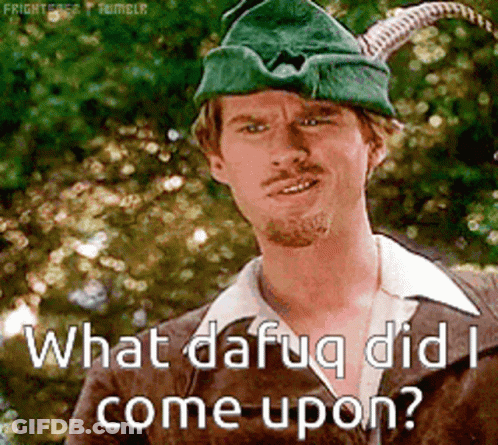 A Man In A Robin Hood Costume Is Asking " What Dafug Did I Come Upon " GIF