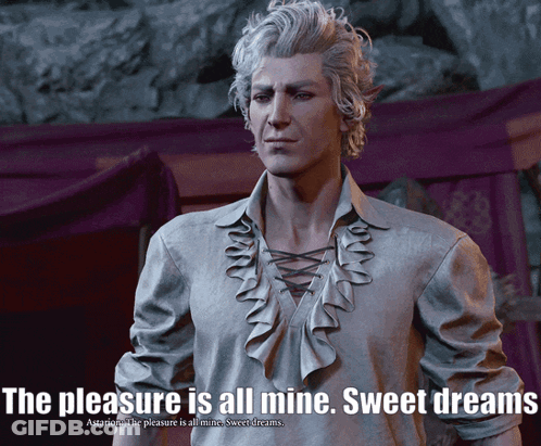 A Man In A Ruffled Shirt With The Words " The Pleasure Is All Mine Sweet Dreams " Above Him GIF