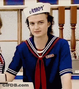 A Man In A Sailor Costume Is Wearing A Hat That Says Ahoy On It . GIF