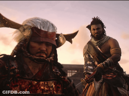 A Man In A Samurai Costume Holds A Sword Next To Another Man GIF