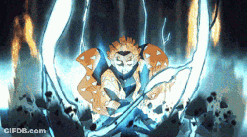 A Man In A Samurai Costume Is Surrounded By A Blue Lightning Bolt . GIF