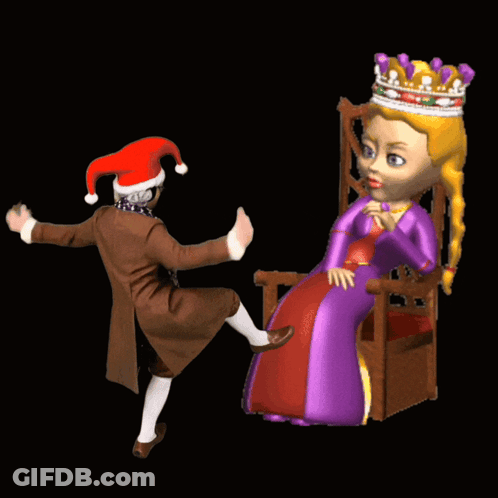A Man In A Santa Hat Is Dancing Next To A Woman In A Purple Dress And Crown GIF