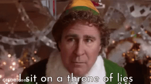 A Man In A Santa Hat Is Sitting On A Throne Of Lies In Front Of A Christmas Tree . GIF