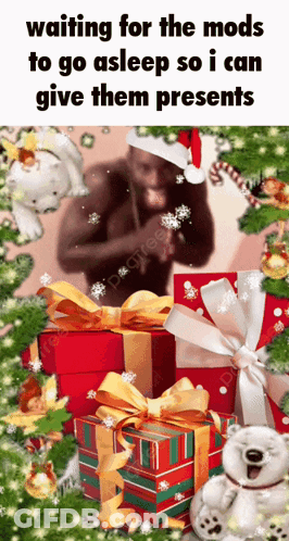 A Man In A Santa Hat Is Standing In Front Of A Christmas Tree Surrounded By Presents GIF
