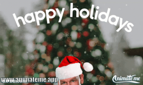 A Man In A Santa Hat Stands In Front Of A Christmas Tree GIF