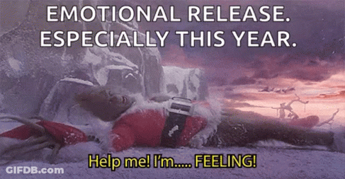 A Man In A Santa Suit Is Laying In The Snow With The Words " Emotional Release Especially This Year Help Me I 'M Feeling GIF